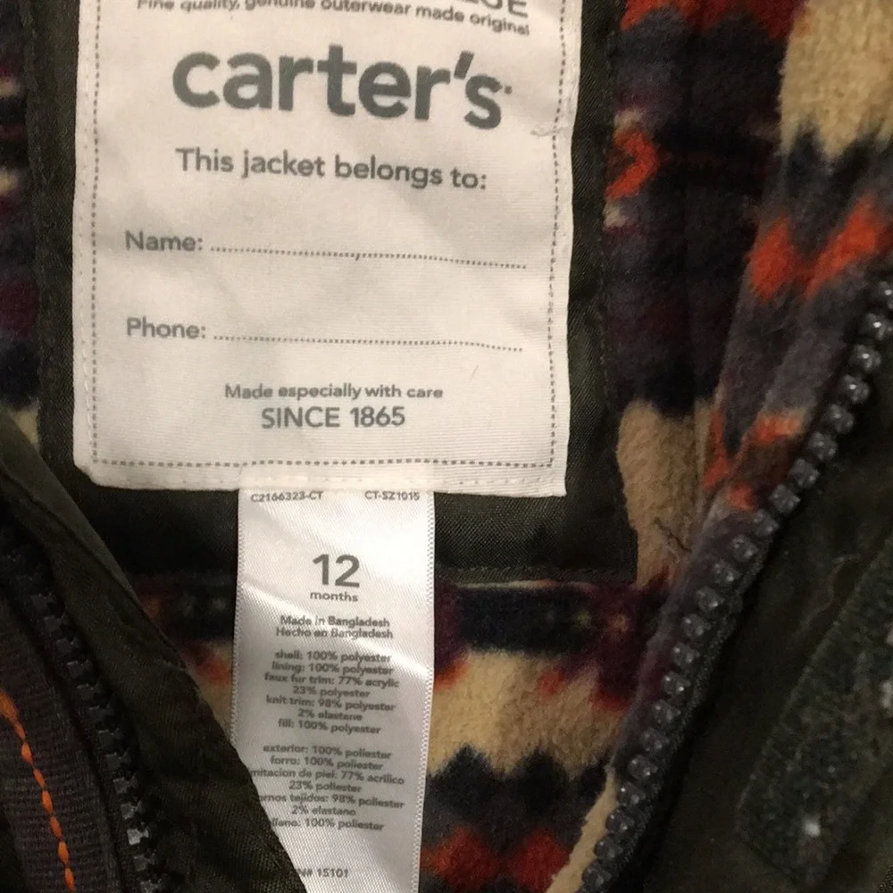 Carter’s zipUp kids Sherpa Hood Jacket 1/2  fleece inside, olive green size 12M